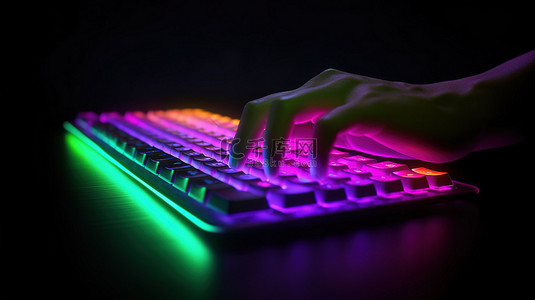 打字背景图片_发光的 RGB 卡通手在带背光的键盘上打字