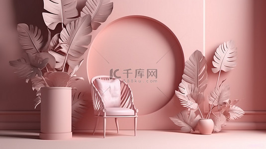 别致的粉红色 3D 讲台演示，配有花卉扶手椅和棕榈叶轮廓