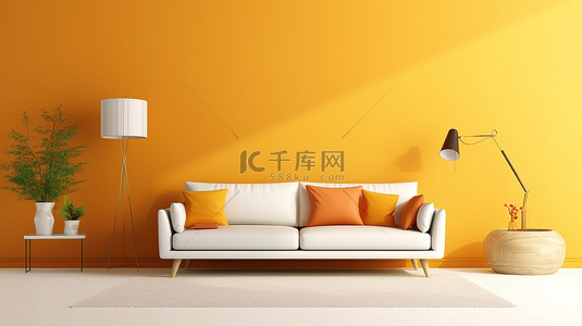 阳光明媚的客厅背景图片_客厅室内设计 3D 渲染白色沙发，配有充满活力的橙色和阳光明媚的黄色背景