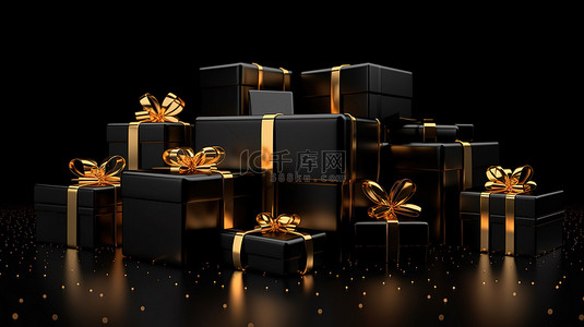 霓虹灯标志黑色星期五 3D 渲染黑色礼品盒，深色背景上饰有金色蝴蝶结