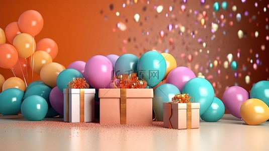 节日祝福贺卡背景图片_节日布置中的气球和礼品盒 3D 渲染的派对庆祝活动