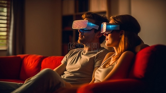 浪漫的二人组在客厅的沙发上欣赏 3D 电影