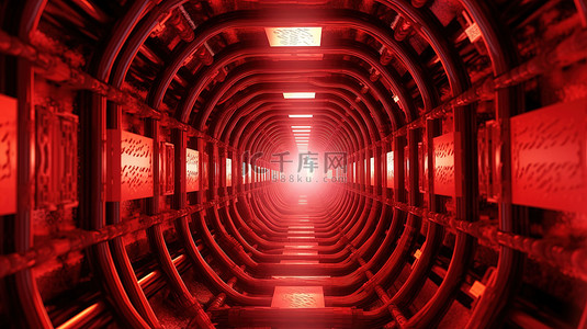 制造执行系统背景图片_连接红色数字电缆网络的隧道的 3D 渲染背景