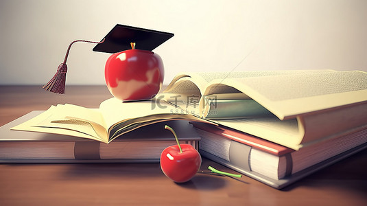 书籍上的苹果背景图片_开放 3D 书上的教育元素苹果毕业帽文凭和书籍