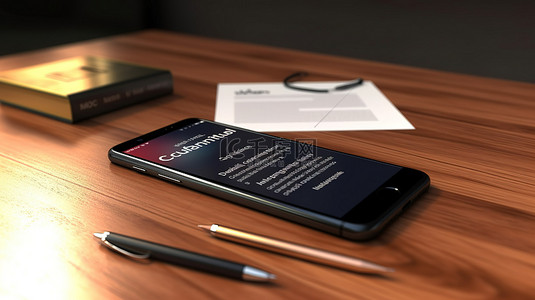 笔的背景图片_木桌上的手机和笔的 3D 渲染，描绘软件许可协议