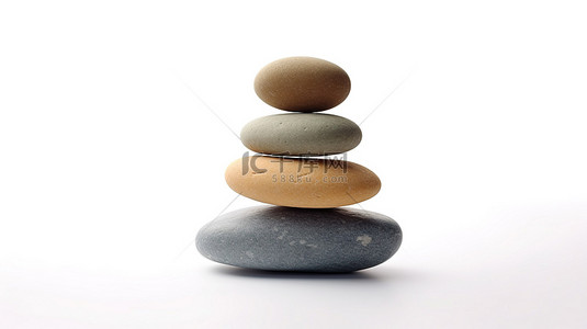 3d创意背景图片_象征着稳定与和谐的 5 颗鹅卵石在白色背景上平衡的 3d 渲染