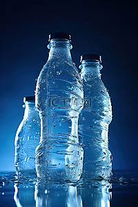 蓝色背景下的三个空塑料瓶