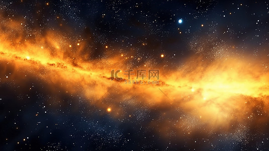 夜空星系背景图片_闪烁的夜空和光芒四射的黄色星系令人惊叹的 3D 描绘的银河系及更远的地方