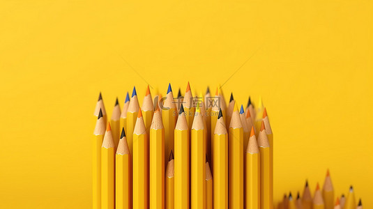 黄色背景与铅笔激发创造力和学习 3D 渲染