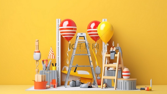 劳动节工具背景图片_3D 渲染劳动节庆祝活动，展示台上有气球和建筑工具
