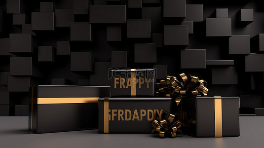 黑色星期五背景上的金色文本和黑色礼品盒水平横幅，带有百分比符号 3D 渲染插图