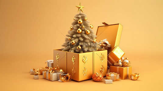 背景有圣诞树和装饰品的卡通礼品盒的 3D 渲染