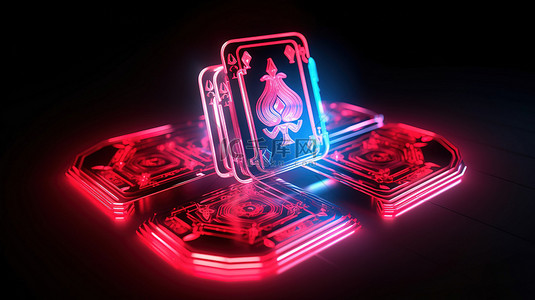 游戏元素背景图片_黑色背景上霓虹灯扑克牌和赌博元素的 3D 渲染插图