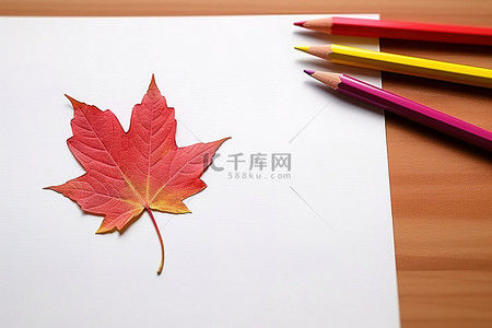 用铅笔在一张有红叶的纸上涂色