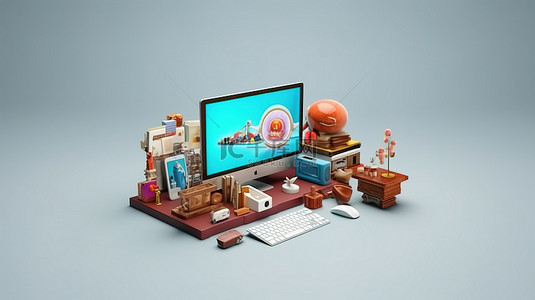 在线营销网站 3D 渲染与浮动办公设备