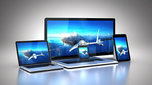 公司网页设计背景图片_3D 插图响应式网页设计，带有飞行笔记本电脑手机和平板电脑，适合高级旅行