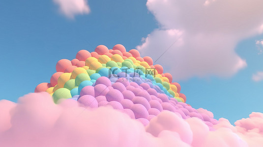 卡通奇幻背景图片_天堂般柔和的彩虹和云彩的 3D 渲染图像