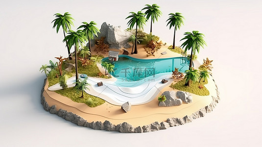 等距 3D 景观宁静的海滩景观，有棕榈树和海景