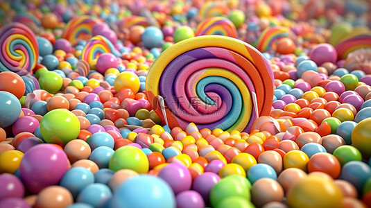 彩虹糖果 3D 插图背景上一系列色彩缤纷的甜糖果