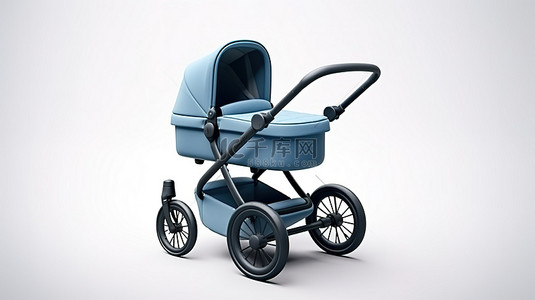 玩具卡通背景图片_白色背景上时尚的 3D 渲染蓝色婴儿车