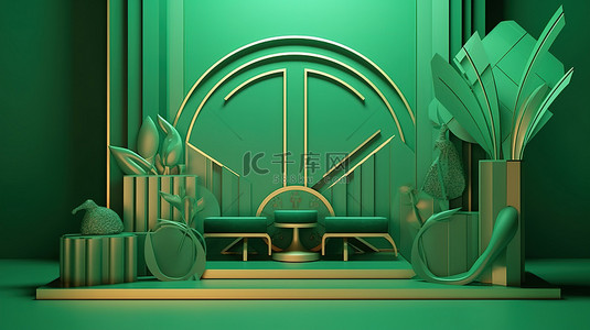 绿色舞台装饰背景图片_装饰艺术风格的 3d 场景，用于 3d 渲染的绿色产品演示