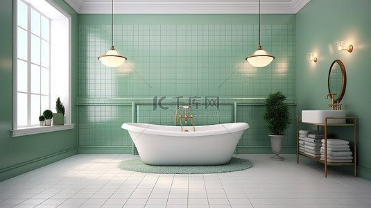 瓷砖地板背景图片_宽敞的绿色浴室的 3D 渲染，配有白色墙壁和瓷砖地板，配有浴缸