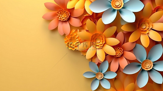 3D 渲染的纸质花卉艺术品