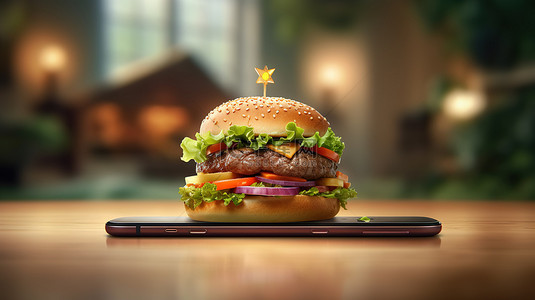美味汉堡的数字渲染 3D 插图，准备通过智能手机送到您家门口