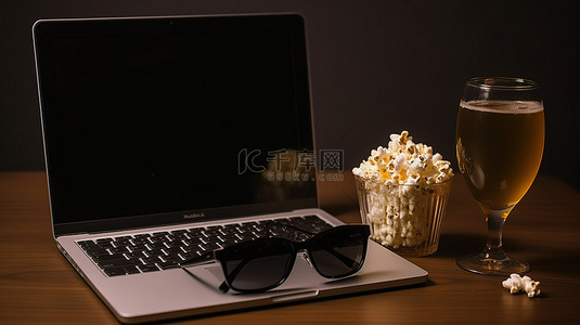 棕色背景娱乐必需品笔记本电脑爆米花碗 3D 眼镜和啤酒瓶的顶视图