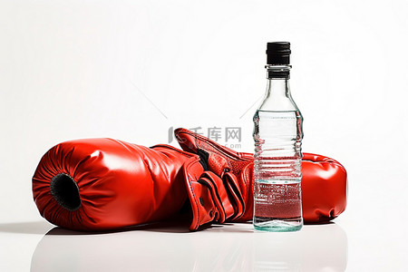 拳击人背景图片_白色背景中的红色拳击手套和水瓶，配有红色衬衫和红色手套