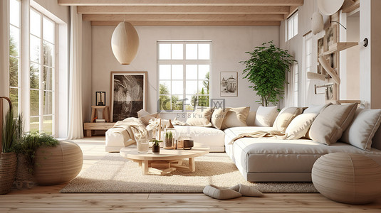 斯堪的纳维亚农舍客厅的 3D 渲染，配有有机家具元素