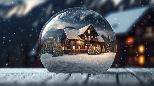 令人惊叹的雪球或雪球的 3D 渲染，具有冬季仙境场景落雪和山屋