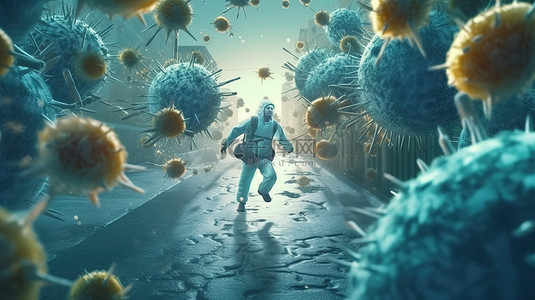 着火逃离背景图片_逃离细菌攻击医生在恐惧中逃跑 3D 渲染图像