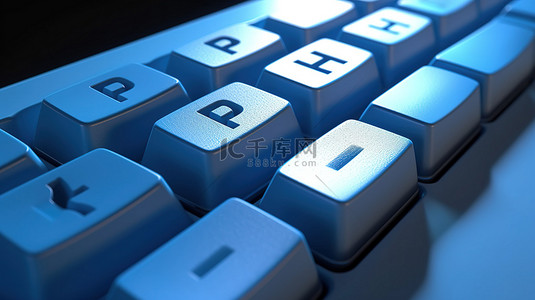白色 PC 键盘上蓝色 php 编程键的极端特写 3D 渲染