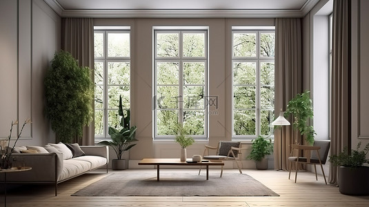 室内场景 3D 渲染客厅的壮丽景色，带有大窗户，俯瞰绿色花园角落