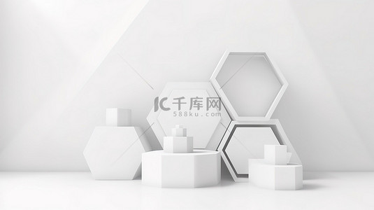 六边形白色讲台的简约 3D 渲染，采用抽象几何设计，白色背景完美适合产品展示