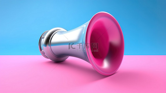 警笛喇叭背景图片_粉红色背景上的双色调蓝色气喇叭，具有充足的设计空间 3D 渲染
