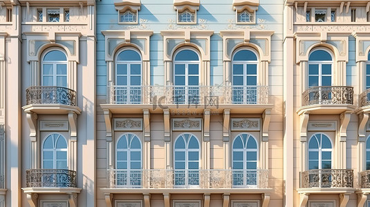 三层房子背景图片_正面有人造窗户的经典三层房屋的 3D 渲染