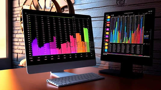 计算机屏幕上带有图表和图形的商业财务数据分析的 3D 插图