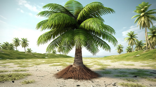 沙漠变绿洲背景图片_郁郁葱葱的棕榈树的 3D 渲染，叶子和草青翠，非常适合海滩度假和夏季度假