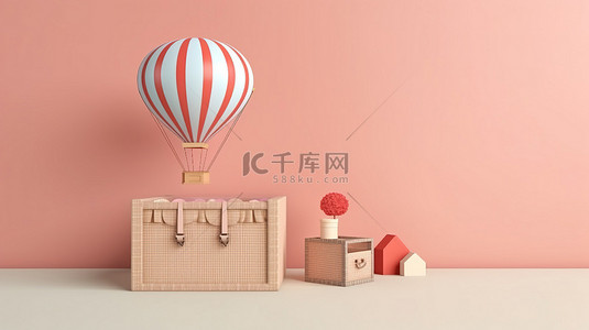 粉色气球礼盒背景图片_使用 3D 技术创建的柔和背景下的机载船只和礼品篮的简化设计