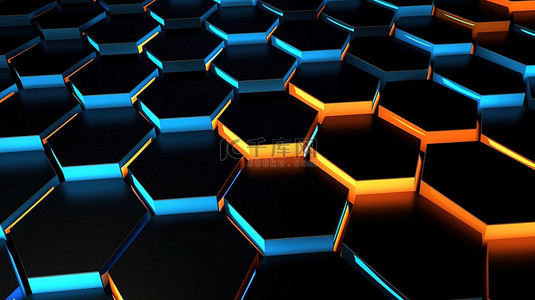 背景技术背景图片_橙色蓝色和黑色的六边形背景现代 3D 插图