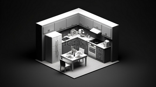 站着的人图标背景图片_带冰箱和餐桌的等距厨房的单色 3D 图标