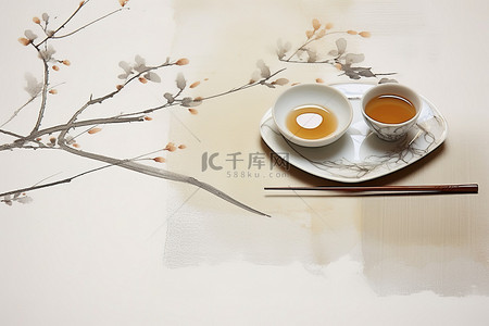 文字传统背景图片_中国茶盘，带杯勺和一些中文文字