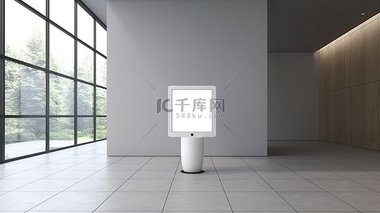 棋牌大厅背景图片_未来风格大厅 3D 渲染现代数字平板电脑模型在圆形混凝土支架上与空白白屏
