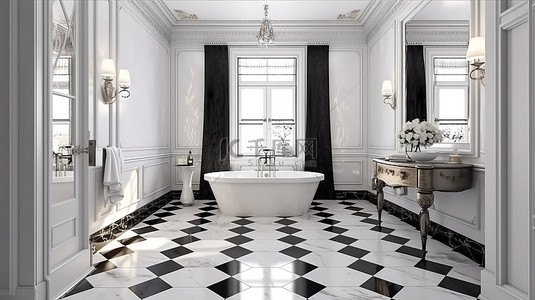 奢华的瓷砖装饰增强了这个 3D 渲染浴室的现代经典设计