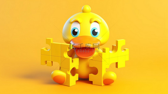 俏皮的黄鸭卡通人物，在 3D 渲染的欢快黄色背景上有四个充满活力的拼图游戏