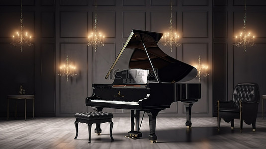 房间内背景图片_宽敞的房间内配有 3D 渲染的优雅黑色三角钢琴