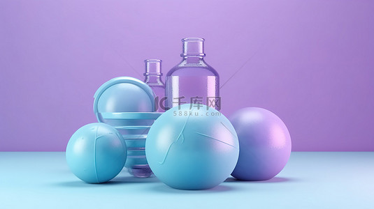 时尚场景中柔和的蓝色和紫色健身球重量和水瓶的 3D 渲染