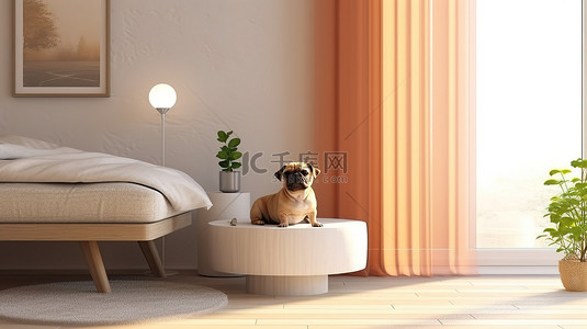 茶几房间背景图片_3D 渲染的房间，配有边桌和犬类伴侣